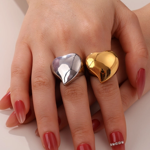 Anelli Chunky in Acciaio Inossidabile Placcati Oro 18K per Donna Gioielli con Anello con Sigillo Geometrico Rotondo a Cuore Lucido a Specchio Minimalista