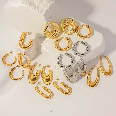 Orecchini a Cerchio Geometrici in Acciaio Inossidabile per Donna Placcati in Oro 18K Minimalisti a Forma di U Texture Bambù Gioielli Hip Hop