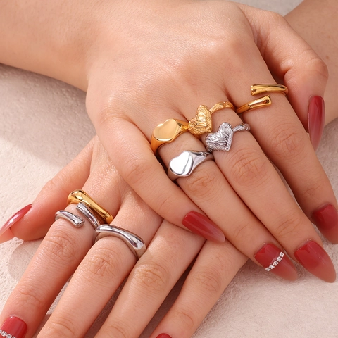 Anello Aperto in Acciaio Inossidabile Minimalista da Donna Cuore Goccia d'Acqua Geometrico Regolabile Placcato Oro Argento Gioielli