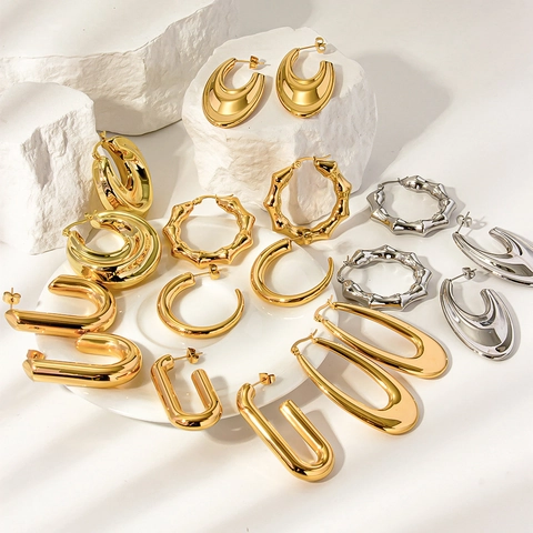 Orecchini a Cerchio Geometrici in Acciaio Inossidabile per Donna Placcati in Oro 18K Minimalisti a Forma di U Texture Bambù Gioielli Hip Hop