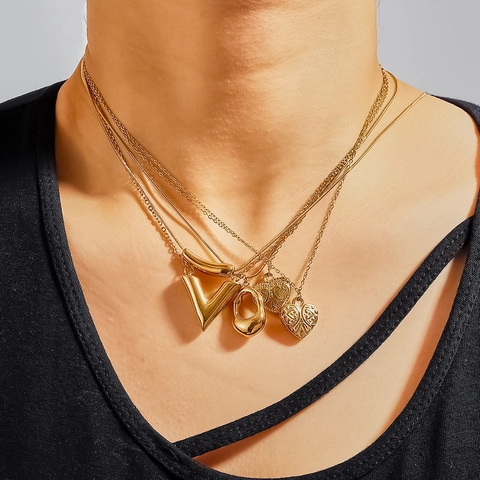 Collana Con Pendente in Acciaio Inossidabile Vintage per Donna Cuore Forma a V Motivo Floreale Placcato Oro Argento