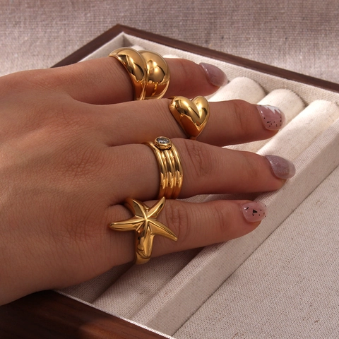 Anelli in Acciaio Inossidabile Placcato Oro 18K per Donna Geometrico Stella Marina Cuore Strass Intarsiato Fascia Larga Gioielli Moda Anelli