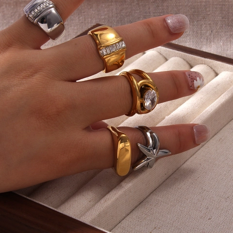 Anelli in Acciaio Inossidabile Placcato Oro 18K per Donna Geometrico Stella Marina Cuore Strass Intarsiato Fascia Larga Gioielli Moda Anelli