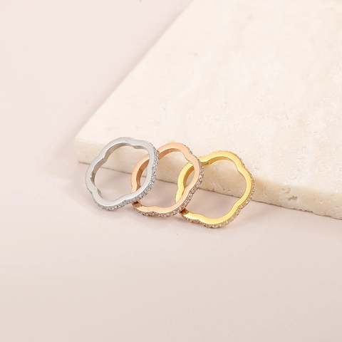 Stainless Steel Wave Clover Ring PVD 18K Gold Plated Zirconia Pave Inlaid Jewelry For Women Fashion Finger Ring