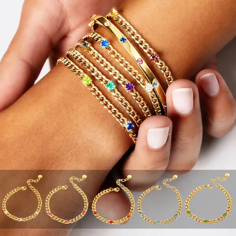 PVD 18K Gold Plated Stainless Steel Cuban Link Bracelet Colorful Rhinestone Birthstone Adjustable Jewelry For Women