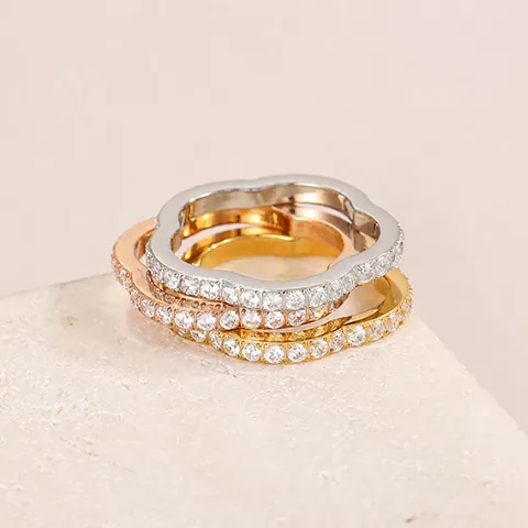 Stainless Steel Wave Clover Ring PVD 18K Gold Plated Zirconia Pave Inlaid Jewelry For Women Fashion Finger Ring