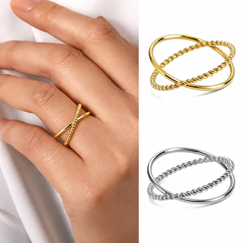 Minimalist Stainless Steel Cross Double Ring For Women 14K Gold PVD Plated Twist Rope Plain Band Stackable Finger Ring Jewelry