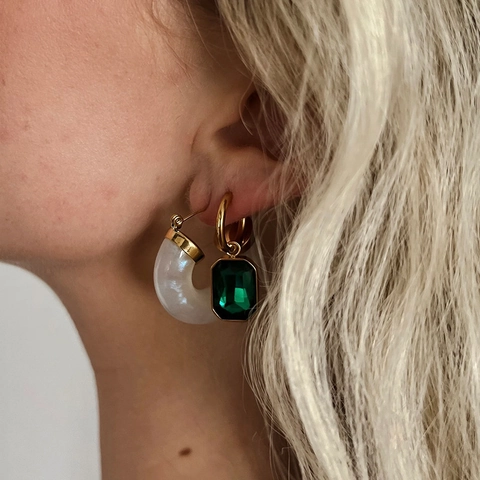 Roestvrij Staal PVD Verguld Zirkonia Druppel Oorbellen Voor Vrouwen Vintage Geometrische Smaragd Barnsteen Spiegel Slijpvorm Sieraden