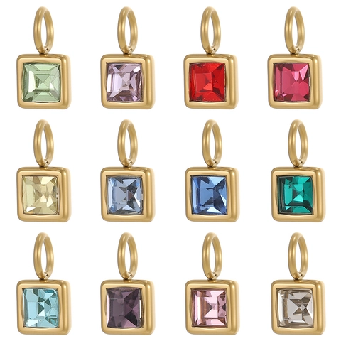 Colgante de Acero Inoxidable Cuadrado Piedra de Nacimiento Chapado en Oro 18K con Circonia para Accesorios de Joyería DIY