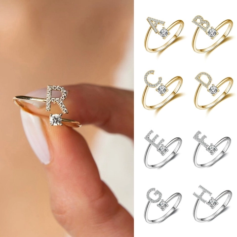 Fashion Titanium Steel Alphabet A-Z Open Ring For Women Shiny Zirconia Pave Initial Letter Adjustable Jewelry