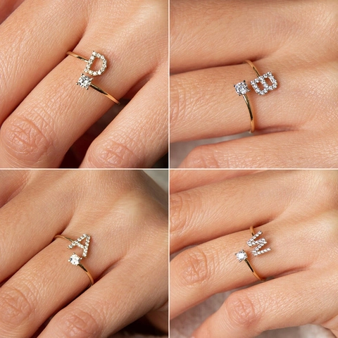 Fashion Titanium Steel Alphabet A-Z Open Ring For Women Shiny Zirconia Pave Initial Letter Adjustable Jewelry