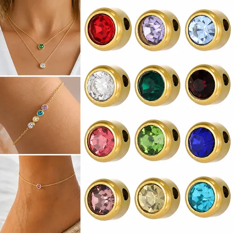 Stainless Steel Round Birthstone Charms Inlaid Rhinestone DIY Jewelry Accessories For Necklace Bracelet Making Minimalist
