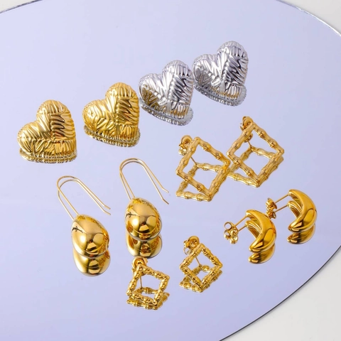 Stainless Steel Earrings For Women Heart Bamboo Texture Geometric Spiral Gold Silver Tone Minimalist Jewelry