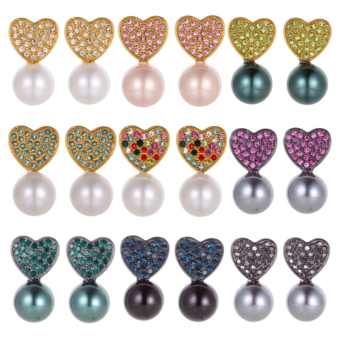 Boucles d'Oreilles Clous en Forme de Cœur en Acier Inoxydable Élégantes pour Femmes Plaquées Or 18K Micro Pavé Zirconia Perle Artificielle