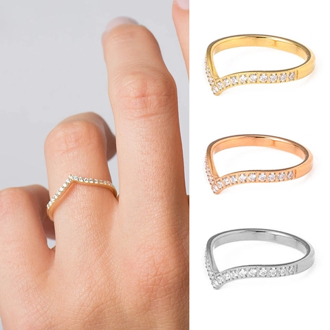 V-Shaped Titanium Steel Rhinestone Inlaid Ring For Women Row Setting Non-Tarnish Gold Rose Gold Silver Finger Jewelry Gift