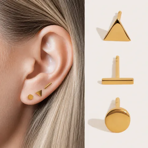 Minimalist Titanium Steel Geometric Stud Earrings Unisex Triangle Round Square Cross Bar Shape Small Electroplated Jewelry