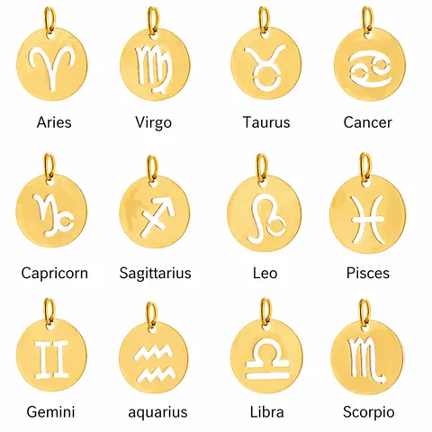 Stainless Steel Hollow 12 Zodiac Sign Round Pendant For DIY Jewelry Making Gold Rose Gold Silver Constellation Charms Accessory