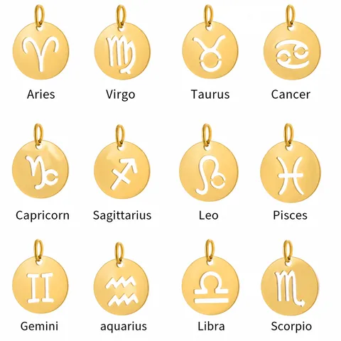 Stainless Steel Hollow 12 Zodiac Sign Round Pendant For DIY Jewelry Making Gold Rose Gold Silver Constellation Charms Accessory