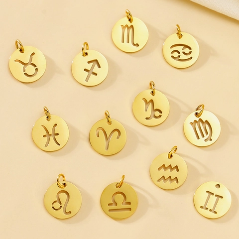 Stainless Steel Hollow 12 Zodiac Sign Round Pendant For DIY Jewelry Making Gold Rose Gold Silver Constellation Charms Accessory