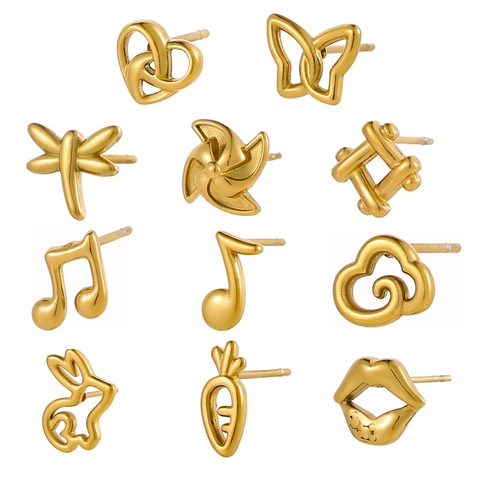 Minimalist Stainless Steel Stud Earrings For Women 18K Gold Plated Tiny Animal Butterfly Dragonfly Music Note Heart Ear Jewelry