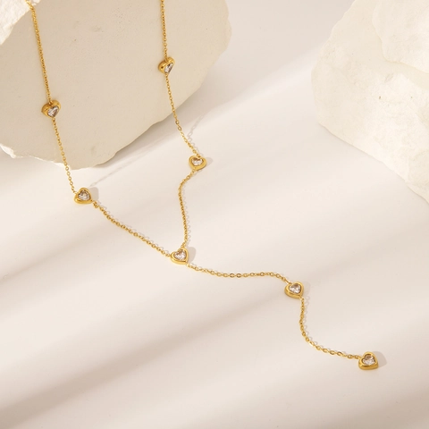 18K Vergoldete Titanstahl Y-Förmige Herz Anhänger Halskette Für Damen Wasserdichte Strass Quaste Halskette Schmuck