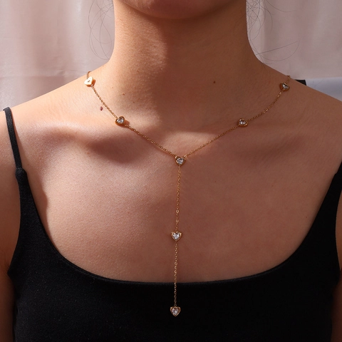 18K Vergoldete Titanstahl Y-Förmige Herz Anhänger Halskette Für Damen Wasserdichte Strass Quaste Halskette Schmuck