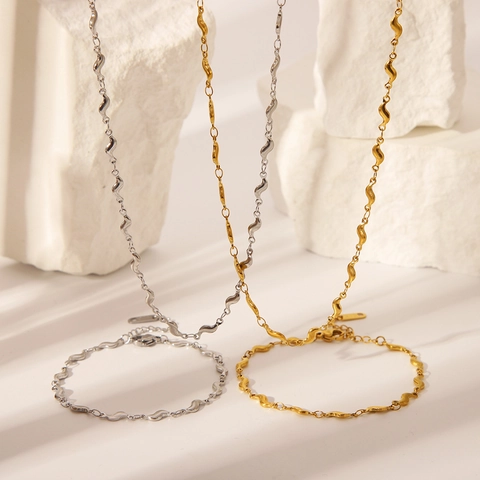 Parure de Bijoux Minimaliste en Acier Titane Inoxydable Chaîne Unique en Vagues en S Plaqué Or Argent Ensemble Collier Et Bracelet pour Femmes Accessoires de Mode