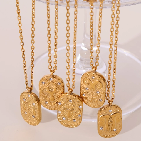 Collana con Pendente Zodiaco in Acciaio Inossidabile Vintage Francese Placcato Oro 18K Moneta Ovale Rilievo Strass Gioielli Donna
