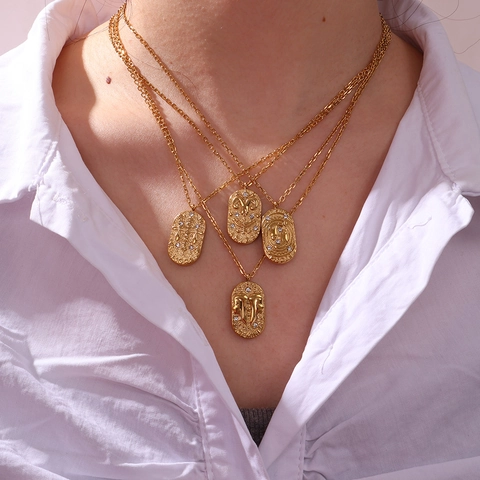 Collana con Pendente Zodiaco in Acciaio Inossidabile Vintage Francese Placcato Oro 18K Moneta Ovale Rilievo Strass Gioielli Donna