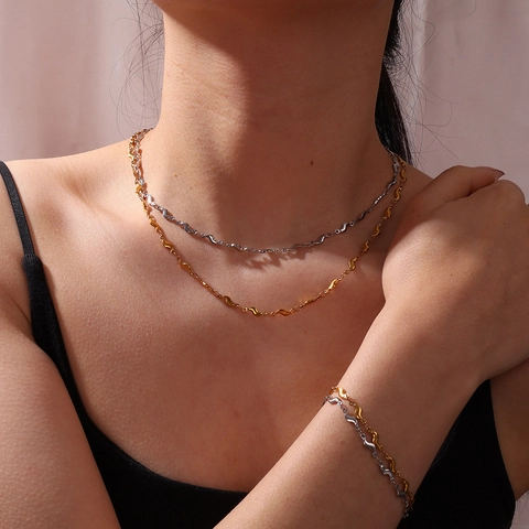 Parure de Bijoux Minimaliste en Acier Titane Inoxydable Chaîne Unique en Vagues en S Plaqué Or Argent Ensemble Collier Et Bracelet pour Femmes Accessoires de Mode