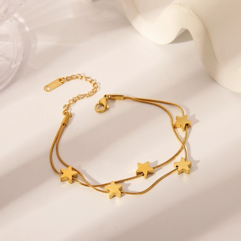 Bracciale Stella Pentagramma a Doppio Strato in Acciaio Inossidabile Placcato Oro PVD Catena a Lisca di Pesce Donna Regalo