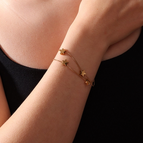 Bracciale Stella Pentagramma a Doppio Strato in Acciaio Inossidabile Placcato Oro PVD Catena a Lisca di Pesce Donna Regalo