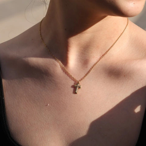 Collana Con Pendente a Croce in Acciaio Inossidabile per Donna Placcato Oro Argento Zircone Micro Pave Gioielli