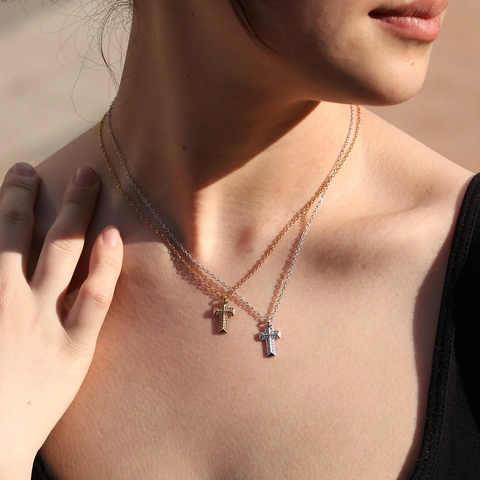 Collana Con Pendente a Croce in Acciaio Inossidabile per Donna Placcato Oro Argento Zircone Micro Pave Gioielli