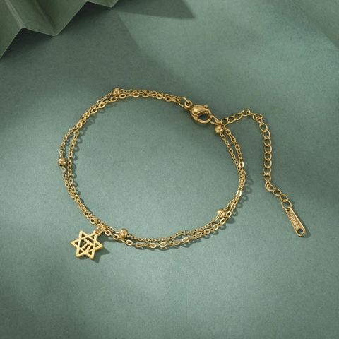 Bracelet Double Couche en Acier Inoxydable Pendentif Étoile de David Symbole Chai Bijoux Électroplaqués Cadeau Homme Femme