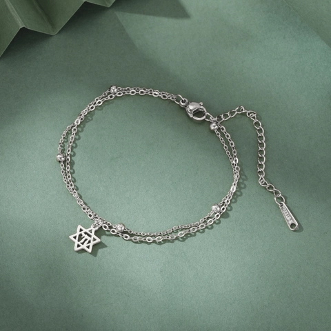 Bracelet Double Couche en Acier Inoxydable Pendentif Étoile de David Symbole Chai Bijoux Électroplaqués Cadeau Homme Femme