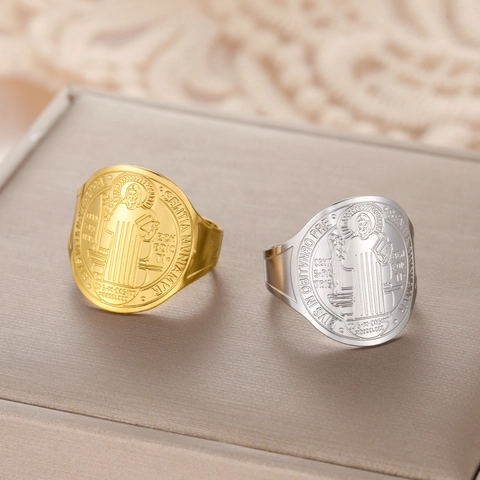 Anillo De Sello Medalla San Benito Para Hombre Mujer Acero Inoxidable Anillo Abierto Ajustable Joyería Católica Religiosa