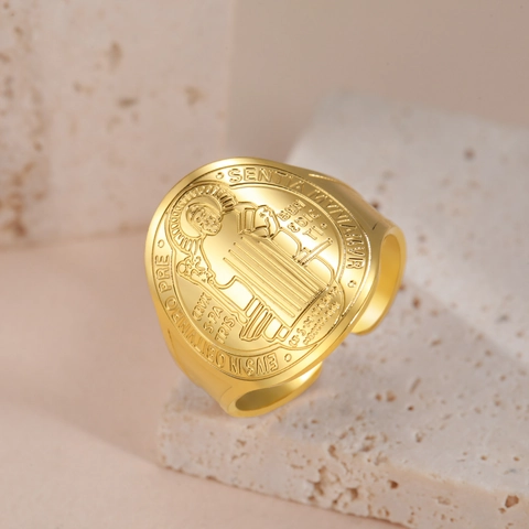 Anillo De Sello Medalla San Benito Para Hombre Mujer Acero Inoxidable Anillo Abierto Ajustable Joyería Católica Religiosa