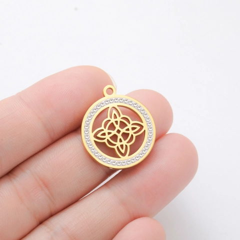 Stainless Steel Celtic Knot Pendant Witch's Knot Hollow Round Rhinestone Charms For DIY Necklace Earring Making Accessories
