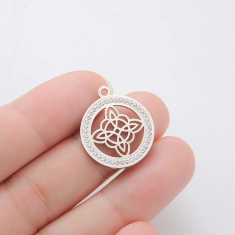 Stainless Steel Celtic Knot Pendant Witch's Knot Hollow Round Rhinestone Charms For DIY Necklace Earring Making Accessories