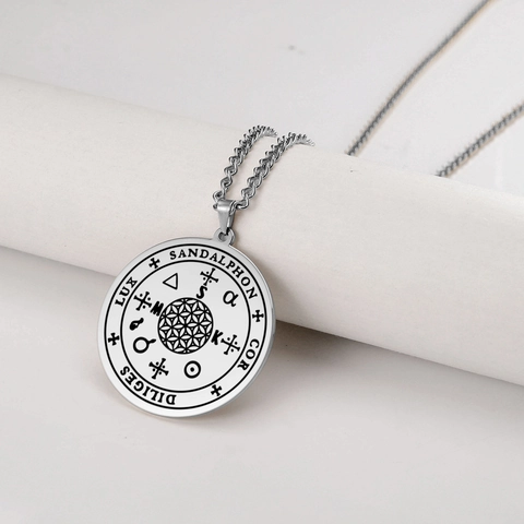 Collier Pendentif Amulette Sceau de Sandalphon en Acier Inoxydable Fleur de Vie Géométrie Sacrée Bijoux Mystiques Unisexe