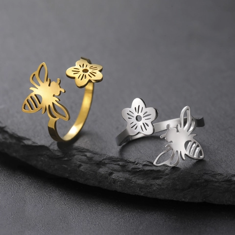 Fashion 304 Stainless Steel Open Ring For Women Hollow Bee Dragonfly Flower Adjustable Minimalist Finger Ring Jewelry Gift