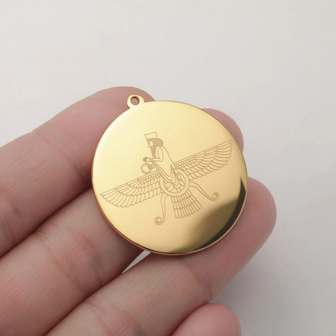 Ciondolo Rotondo Faravahar in Acciaio Inossidabile per Creazione Gioielli Simbolo Ali Zoroastriane Persiane Placcato Sottovuoto