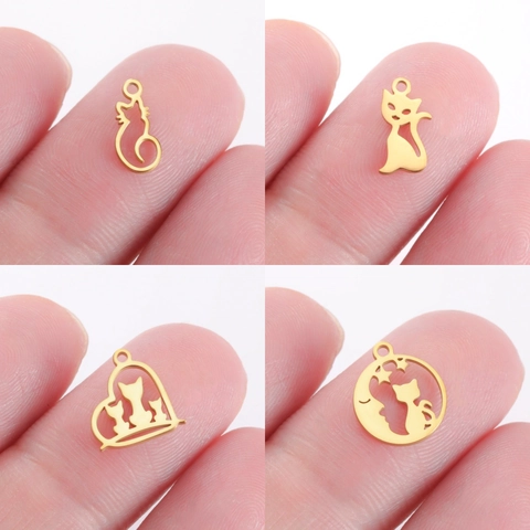Cute Cat Stainless Steel Pendants For DIY Jewelry Making Handmade Gift Gold Silver Plated Cat Moon Star Animal Hollow Charms Accessories