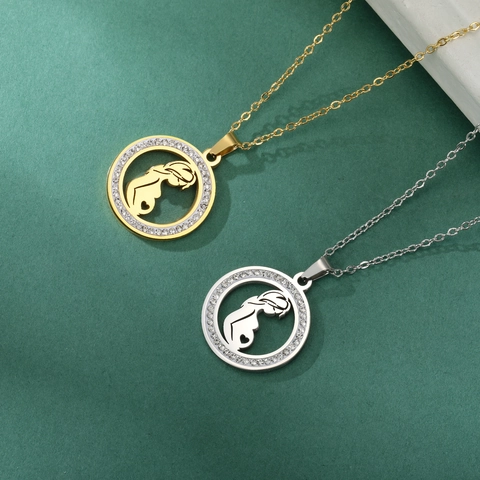 Stainless Steel Rhinestone Hollow Circle Mother And Child Pendant Necklace For Women Pregnant Mom Jewelry Gift Mother Day