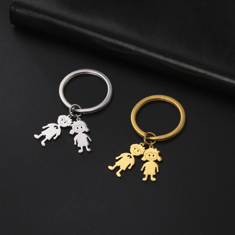 Titanium Steel Cartoon Boy Girl Keychain Minimalist Polished Metal Key Ring Family Couple Anniversary Gift Pendant Jewelry