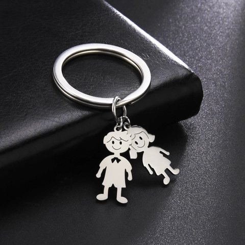 Titanium Steel Cartoon Boy Girl Keychain Minimalist Polished Metal Key Ring Family Couple Anniversary Gift Pendant Jewelry