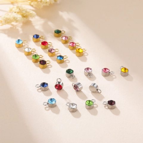 Stainless Steel Round Birthstone Pendants Colorful Zirconia DIY Jewelry Accessories For Necklace Bracelet Earrings Making Charms