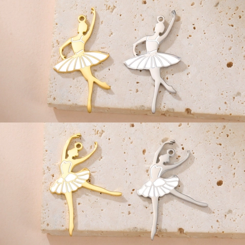 Elegant Stainless Steel Ballet Dancer Pendants For DIY Jewelry Making White Enamel Artistic Ballerina Charms For Necklace
