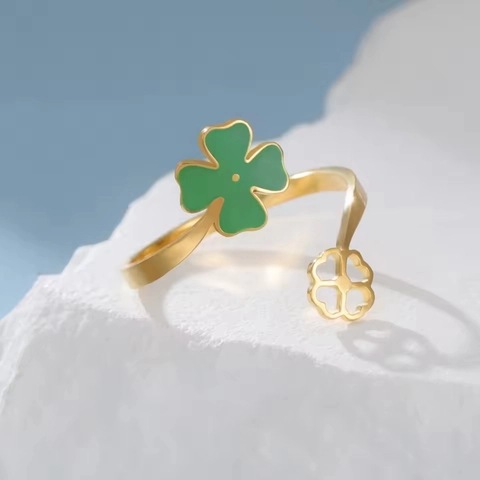 Adjustable Stainless Steel Clover Open Ring Green Enamel Lucky Flower Jewelry For Women Elegant Hollow Finger Ring Gift